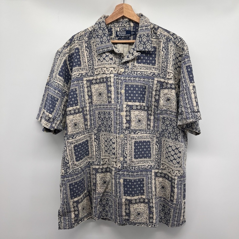 Polo Ralph Lauren Loop Collar Shirt Mens XL Linen Bandana Pattern Camp Button Up